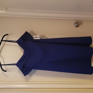 Off the shoulder royal blue dress. A line. Zipper w bow tie in back.